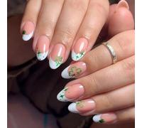 St Patricks Day False Nails with Glue, Short Press on Nails Almond, Green White French Short Nails Acrylic Glue on Nails, Long Lasting Green Stick on Nails for Women, 24PCS