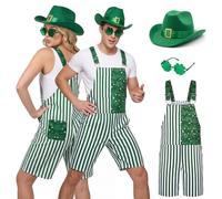St Patrick's Day Fancy Dress Adjustable Strap Overalls Women Irish Parade Costume Green White Stripe Jumpsuits Hat Sunglasses for St. Patrick Day Party