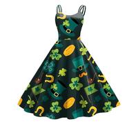 St Patrick's Day Fancy Dress Green Sleeveless Paddy's Day Fancy Dress,2024 Irish Lucky Shamrock Dress,Vintage Spaghetti Strap Dress Ladies Leprechaun A Line Swing Party Dresses