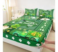 St. Patrick's Day Fitted Sheet Double Size,Cute Gnome Lucky Shamrock Mattress Cover Geometric Plaid Bedding Set for Kids Adults Green Deep Pocket Sheet 3Pcs,No Top Flat