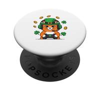St Patrick's Day Gamer Cat Lucky Shamrock Leprechaun Hat PopSockets Adhesive PopGrip