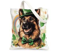 St.Patrick's Day German Shepherd Dog Canvas Tote Bag for Shopping 13x15, Fun Cute Puppy Reusable Grocery Print Pattern Bag for Women, Shamrock Pet Beach Aesthetic Painting Gift Decor