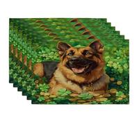 St.Patrick's Day German Shepherd Dog Placemats Set of 6, 12x18 Inch, Shamrock Puppy 6Pcs Table Mats for Home Dinning, Clover Pet Holiday Party Kitchen Print Pattern Decor