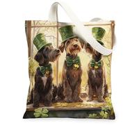 St.Patrick's Day German Wirehaired Pointer Dog Canvas Tote Bag for Shopping 13x15, Window Fun Puppy Reusable Grocery Print Pattern Bag for Women, Pet Aesthetic Painting Gift Decor