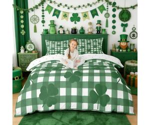 St. Patrick's Day Girls Bedding Set Single Size, Clover Leaf Botanical Irish Holiday Duvet Cover Set，Geometric Checkered Plaid Room Decor,Spring Green Quilt Cover,1 Pillowcase(No Comforter)