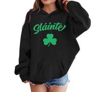 St Patricks Day Girls Hoodie with Shamrock Letter Print Soft Long Sleeve Sweatshirt Baggy St. Patrick's Day Shirt Girl with Front Pocket Kids Trendy Festival Clothes Age 3-14 Years Black