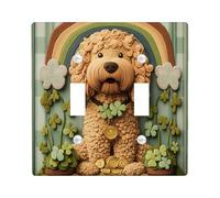 St.Patrick's Day Golden Doodle Dog Decorative Light Switch Cover Plate 2 Gang Double Toggle, Knitting Puppy Electrical Switchplate, Country Pet Pattern Electrical Faceplate for Room