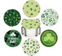 St. Patrick's Day Green 6Pack Ceramic Drink Coasters,Quick-Absorb Stone Coasters with Anti-Slip Cork Backing & Metal Holder, Table Protectors for Kitchen Bar