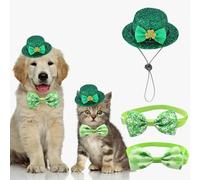 St Patrick's Day Green Glitter Pet Hat 2 Pcs St Patrick's Day Clover Dog Bow Ties Dog Cat Cap Adjustable Shamrock Pet Outfit Accessories for Most Pets Party Supplies (Gold Clover Green Bow)