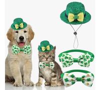 St Patrick's Day Green Glitter Pet Hat 2 Pcs St Patrick's Day Clover Dog Bow Ties Dog Cat Cap Adjustable Shamrock Pet Outfit Accessories for Most Pets Party Supplies (Green Clover Yellow Bow)