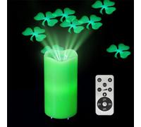 St. Patrick's Day Green LED Candle with Lucky Clover Projection, Real Wax & Remote Control, Decorative Candle Projector Light