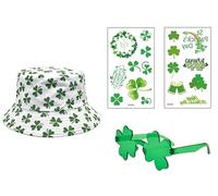 St. Patrick's Day Hat Set - White Reversible Hat with Green Clover, 2 Irish Stickers and Green Shamrock Glasses - Ideal for Celebrations, Festivals, Travel and Outdoor Activities - Large