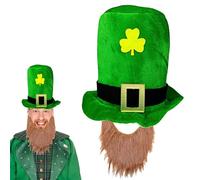 St. Patrick's Day Hat with Ginger Beard for Adult,Deluxe Green Shamrock Leprechaun Top Hats St Patrick's Day Accessories Irish Fancy Dress Costume Headwear Accessory Paddy's Day Hat for Men Women