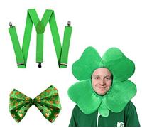 ST PATRICKS DAY IRISH FANCY DRESS COSTUME SET HAT + GIANT SHAMROCK BOWTIE + GREEN BRACES IRELAND SHAMROCK LEPRECHAUN (SHAMROCK HAT)