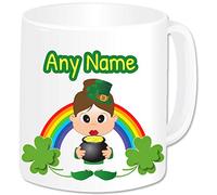 St Patricks Day Irish Gifts - Personalised Leprechaun Mug Ceramic Cup with Name - Rainbow Lucky Shamrock Ireland Good Luck Gifts Men Women (Brown Hair Girl/White Mug)