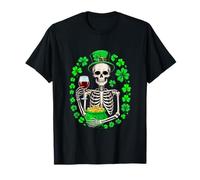 St. Patrick's Day Irish Man Skeleton Drinking Wine Shamrocks T-Shirt