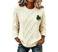 St. Patricks Day Jumpers for Women Cable Knit Jumper Casual Oversized Long Sleeve Crewneck Irish Shamrock Graphic Pullover Sweater Tops Lucky Day Sweatshirts Weave Pattern Sleeve Holiday Clothes