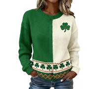 St. Patricks Day Jumpers for Women Cable Knit Jumper Casual Oversized Long Sleeve Crewneck Irish Shamrock Graphic Pullover Sweater Tops Lucky Day Sweatshirts Weave Pattern Sleeve Holiday Clothes