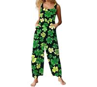 St. Patrick's Day Jumpsuits for Women Dungarees Green Lucky Shamrocks Print St Patricks Day Outfit Sleeveless Wide Leg Rompers Ladies Long Jumpsuit Playsuit with Pockets Casual Loose Fit Overall