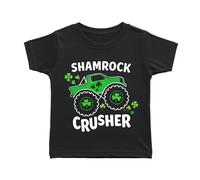 St Patricks Day Kids Tee with Shamrock Crusher Monster Truck, Unisex Child Top Short Sleeve Cotton Crew Neck, Sizes 6 Months to 6 Years, Black