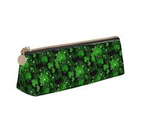 St Patricks Day Leaves Printing Triangular Leather Pencil Case with Zipper Pen Pouchfor Boys Girls Pupil for Work and School