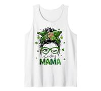 St Patrick's Day Leopard Lucky Mama Messy Bun Shamrock Green Tank Top