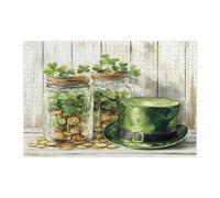St.Patrick's Day Mason Jar Jigsaw Puzzles for Adults 1000 Piece, Farmhouse Rustic Shamrock Hat Wooden Puzzles, Country Pattern Decor for Home Entertainment