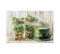 St.Patrick's Day Mason Jar Jigsaw Puzzles for Adults 300 Piece, Farmhouse Rustic Shamrock Hat Wooden Puzzles, Country Pattern Decor for Home Entertainment
