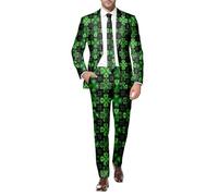 St Patrick's Day Men's 2-Piece Suit Set - Gold Coin/Green Shamrock Print Blazer & Trousers, Festive Irish Costume Outfit for Paddy's Day Parade, Themed Parties & Pub Celebrations