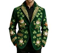 St Patricks Day Mens Blazer Formal Lapel Green Shamrock Print Button Down Long Sleeve Blazer Jacket Slim Fit Fancy Dress Leprechaun Costume Green St Patricks Day Outfits 1 Button Outwear Top for Party