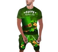 St Patrick's Day Men's Fancy Dress Outfit Comfortable 2 Piece Leprechaun Costume with Printed Clover Short Sleeve T-Shirt & Elasticated Shorts Funny Irish Party Attire for St Paddy's Day