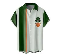 St Patricks Day Mens Shirts Green Clover Shamrock Printed Button Down St Patricks Day Shirts for Men Short Sleeve Smart Casual Floral Linen Green T-Shirt Funny Irish Presents for Men Polo Shirt