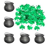 St. Patrick's Day Mini Pot & Shamrock Set, 5Pcs Mini Black Bucket & 500Pcs Green Shamrock Clover for St Patricks Day Party Decorations