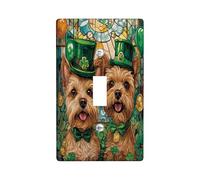 St.Patrick's Day Norfolk Terrier Dog Decorative Light Switch Cover Plate 1 Gang Single Toggle, Stained Glass Puppy Electrical Switchplate, Shamrock Pet Electrical Faceplate for Bedroom Room