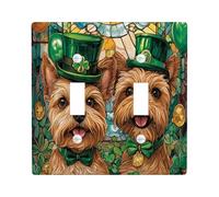St.Patrick's Day Norfolk Terrier Dog Decorative Light Switch Cover Plate 2 Gang Double Toggle, Stained Glass Puppy Electrical Switchplate, Shamrock Pet Electrical Faceplate for Bedroom Room