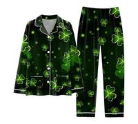 St Patrick's Day Outfits 2 Pieces Pajamas Matching Set Causal Loose Button Down Lucky Shamrock Print Tunic Green Day Tops and Loose Fit Wide Leg Lightweight Pants Homewear Loungerwear Pajamas Set