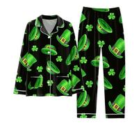 St Patrick's Day Outfits 2 Pieces Pajamas Matching Set Causal Loose Button Down Lucky Shamrock Print Tunic Green Day Tops and Loose Fit Wide Leg Lightweight Pants Homewear Loungerwear Pajamas Set