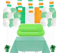 St Patricks Day Party Bundle - White & Green Latex Balloons, Irish Flag & Bunting, Tablecloth, Balloon Weights, Plates, Door Curtains - Ireland Sports Supporters Tableware Decoration Set