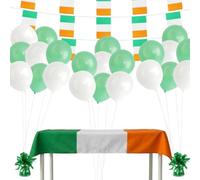 St Patricks Day Party Bundle - White & Green Latex Balloons, Irish Flag Tablecloth & Bunting, Balloon Weights, Door Curtains - Ireland Sports Supporters Tableware Decoration Set