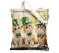 St.Patrick's Day Persians Cat Canvas Tote Bag for Shopping 13x15, Window Fun Kitten Reusable Grocery Print Pattern Bag for Women, Shamrock Pet Aesthetic Painting Gift Decor