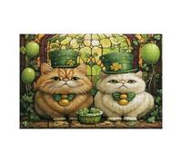 St.Patrick's Day Persians Cat Jigsaw Puzzles for Adults 1000 Piece, Stained Glass Kitten Wooden Puzzles, Shamrock Pet Pattern Decorations for Home Entertainment