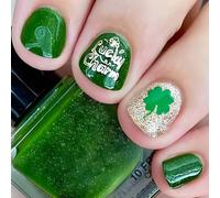 St Patricks Day Press On Nails Short Fake Nails Four-leaf Clover Nails Press Ons Green Acrylic Nails Glitter False Nails Artificial Nails Glue On Nails 24pcs (St. Patrick'S Day Square Short)
