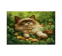St.Patrick's Day Ragdoll Cat Jigsaw Puzzles for Adults 300 Piece, Shamrock Kitten Wooden Printed Puzzles, Clover Pet Pattern Decorations for Entertainment Party