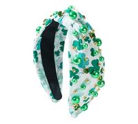 St. Patrick's Day Rhinestone Headband Green Shamrock Bow Knot Hair Accessory Crystal Embellished Fabric Headwrap Irish Holiday Gift for Women