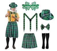 St. Patricks Day Scottish Set for Men Novelty Leprechaun Costume Green Tartan Skirt Hat Bow tie Socks Glasses Shoulder Strap Festive Party Accessories Suit for Irish Pub Nights (One Size)