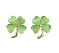 St Patricks Day Shamrock Earrings for Women, 4 Leaf Clover Cat Eye Brass Studs, St. Patrick’s Day Outfits Accessories & Lucky Four Leaf Clover Jewelry Gifts