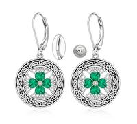 St Patricks Day Shamrock Earrings for Women Sterling Silver Green Celtic Knot Four Leaf Clover Irish Dangle Drop Earrings Crystal Vintage Black Circle Leverback Valentines Day Gift