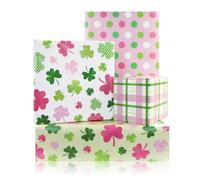 St. Patrick's Day Shamrock Wrapping Paper, 4 Sheets Pink Green Irish Lucky Clover Plaid Polka Dots Design Gift Wrapping Paper for St. Patrick‘s Day Holiday Birthday Baby Shower,27×20 Inches