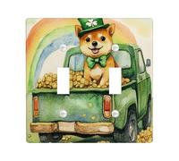 St.Patrick's Day Shiba Inu Dog Decorative Light Switch Cover Wall Plate 2 Gang Double Toggle, Farmhouse Truck Puppy Electrical Switchplate, Rainbow Electrical Faceplate for Bedroom
