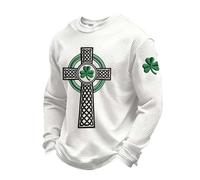 St. Patrick's Day Shirt for Men Funny Lucky Shamrock Irish Graphic Long Sleeve Basic Tee Shirts Casual Loose Tops Novelty Iriss Celtic Cross Knot Printed Crewneck Comfy Holiday Vacation Sweatshirt